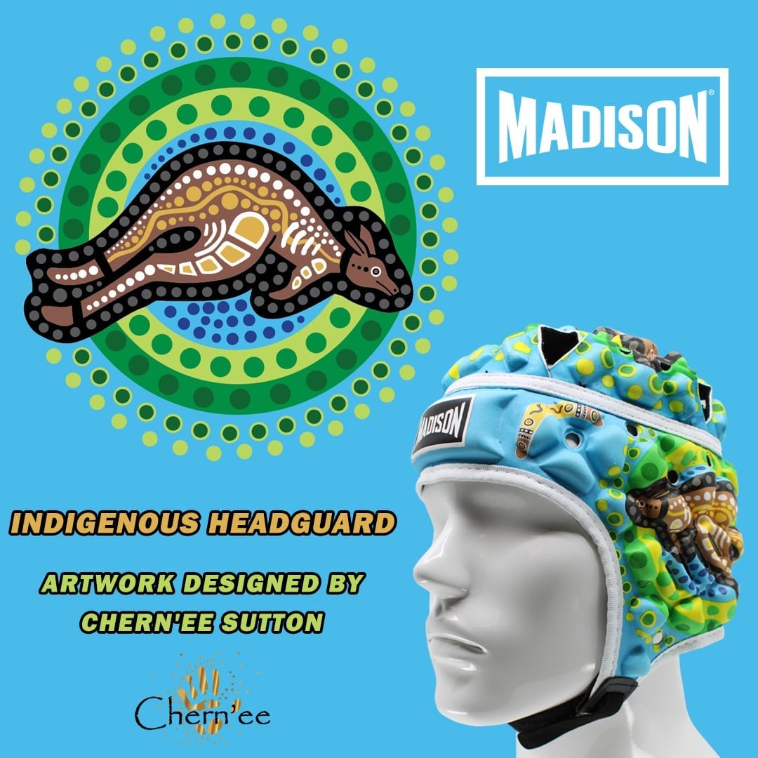Details about   Madison Indigenous Rugby NRL Football Small 54cm Headguard in Blue/Green 